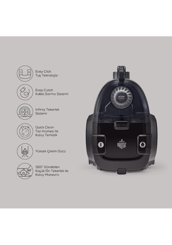 Karaca Vantuz Action Force F3 899 W Hepa Filtreli 2 lt Kapasiteli Toz Torbasız Süpürge Siyah