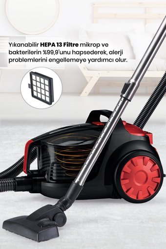 Goldmaster GM-7584S 700 W Hepa Filtreli 3 lt Kapasiteli Toz Torbasız Süpürge Kırmızı Siyah