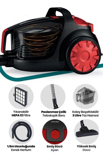 Goldmaster GM-7584S 700 W Hepa Filtreli 3 lt Kapasiteli Toz Torbasız Süpürge Kırmızı Siyah