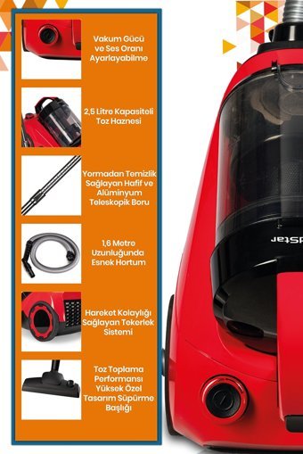 Goldstar Cyclone 850 W Hepa Filtreli 2.5 lt Kapasiteli Toz Torbasız Süpürge Kırmızı