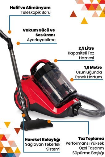 Goldstar Cyclone 850 W Hepa Filtreli 2.5 lt Kapasiteli Toz Torbasız Süpürge Kırmızı
