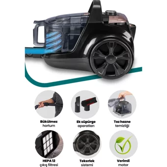 Goldmaster GM-7580 Eva 800 W Hepa Filtreli 3 lt Kapasiteli Toz Torbasız Süpürge Siyah