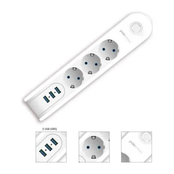 Polosmart Mp09 3'lü Soket 2 metre 3'lü USB Kablolu Çiftli Akım Korumalı Priz
