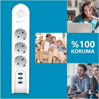 Polosmart Mp09 3'lü Soket 2 metre 3'lü USB Kablolu Çiftli Akım Korumalı Priz