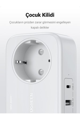 Ugreen 2'li Soket 1.8 metre Kablolu Tekli Akım Korumalı Priz