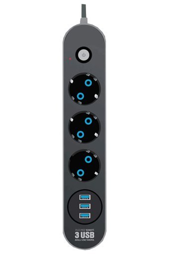 Keyfi Sepet Kyf-Priz 3'lü Soket 2 metre 3'lü USB Kablolu Çiftli Akım Korumalı Priz