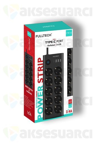 Fulltech Ftr-14 10'lu Soket 1.4 metre 3'lü USB Kablolu Çiftli Akım Korumalı Priz