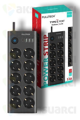 Fulltech Ftr-14 10'lu Soket 1.4 metre 3'lü USB Kablolu Çiftli Akım Korumalı Priz