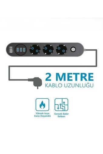PREO Sım 28 3'lü Soket 2 metre 3'lü USB Kablolu Çiftli Akım Korumalı Priz