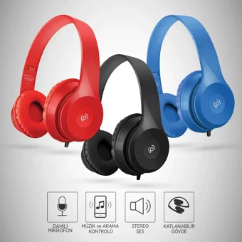 Polosmart FS26 3.5 mm Mikrofonlu Kablolu Kulak Üstü Kulaklık Kırmızı