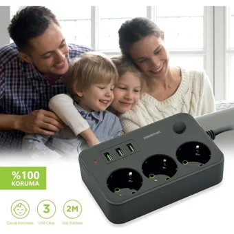 Polosmart Mp08 3'lü Soket 2 metre 3'lü USB Kablolu Çiftli 2500 J Akım Korumalı Priz