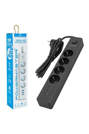 Powermaster Pm-7747 4'lü Soket 1.5 metre 3'lü USB Kablolu Çiftli 2500 J Akım Korumalı Priz