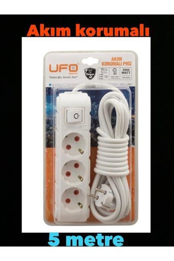 Ufo Electric 3'lü Soket 3 metre Kablolu Tekli Akım Korumalı Priz