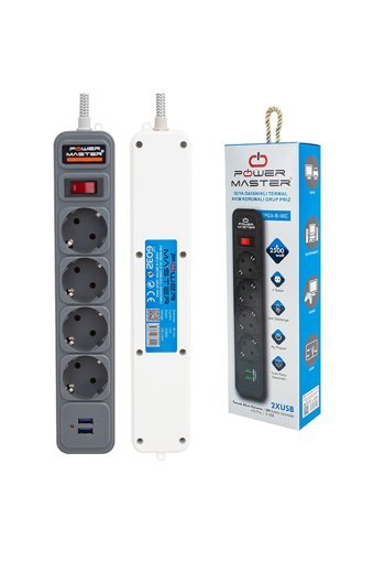 Powermaster Pm-6032 4'lü Soket 2 metre 2'li USB Kablolu Çiftli Akım Korumalı Priz