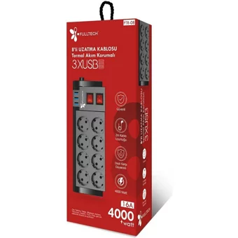 Fulltech Ftr-08 8'li Soket 2 metre 3'lü USB Kablolu Tekli Akım Korumalı Priz