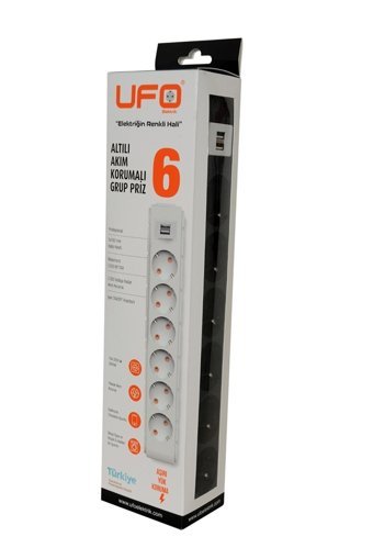 Ufo Electric 6'lı Soket 3 metre 2'li USB Kablolu Tekli 2500 J Akım Korumalı Priz