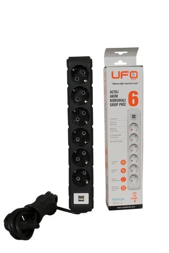 Ufo Electric 6'lı Soket 3 metre 2'li USB Kablolu Tekli 2500 J Akım Korumalı Priz