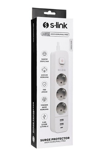 S-Link Spg03Tc 3'lü Soket 1.5 metre 2'li USB Kablolu Tekli Akım Korumalı Priz