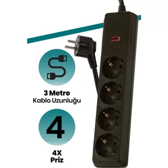 Goldmaster Sp-404 4'lü Soket 3 metre Kablolu Tekli Akım Korumalı Priz