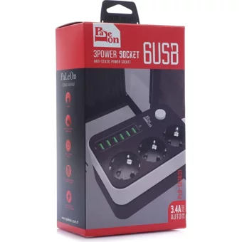 Paleon 3'lü Soket 1.6 metre 6'lı USB Kablolu Çiftli Akım Korumalı Priz