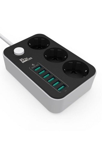 Paleon Pl-6Usb 3'lü Soket 2 metre 6'lı USB Kablolu Çiftli Akım Korumalı Priz