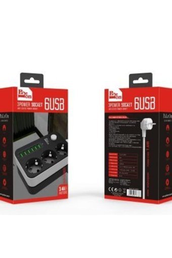 Paleon Pl-6Usb 3'lü Soket 2 metre 6'lı USB Kablolu Çiftli Akım Korumalı Priz