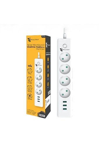 Fulltech Ftr-06 4'lü Soket 2 metre 3'lü USB Kablolu Çiftli Akım Korumalı Priz