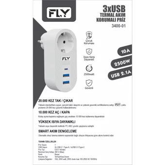 Fly 3400-01 Tekli Soket 3'lü USB Kablosuz Tekli 2500 J Akım Korumalı Priz