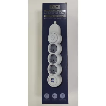 Fly 3393-01 3'lü Soket 2 metre 2'li USB Kablolu Tekli 2500 J Akım Korumalı Priz