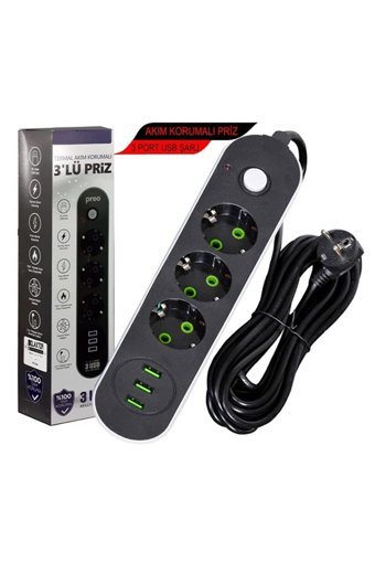 Quat Auk006 3'lü Soket 2 metre 3'lü USB Kablolu Çiftli Akım Korumalı Priz