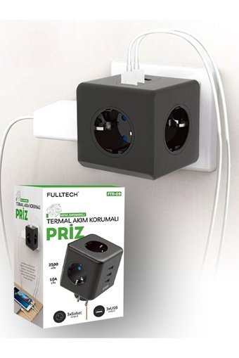 Fulltech Ftr-09 3'lü Soket 3'lü USB Kablosuz Çiftli 2500 J Akım Korumalı Priz