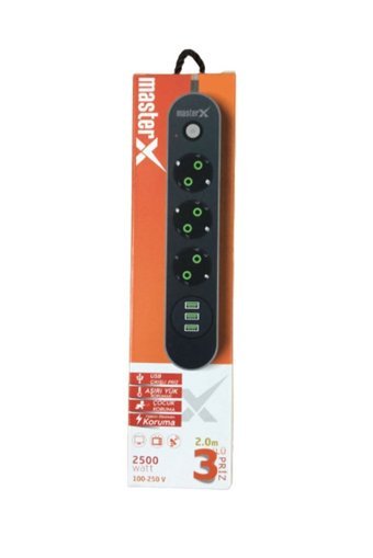 Masterx 8680618318913 3'lü Soket 3'lü USB Kablolu Çiftli Akım Korumalı Priz