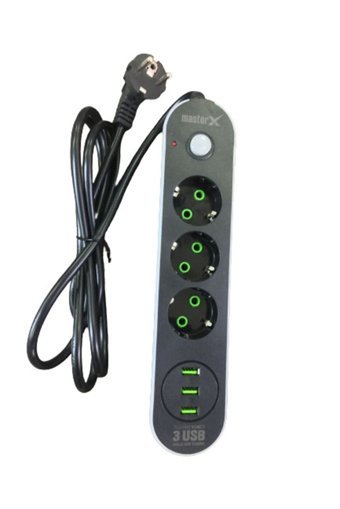Masterx 8680618318913 3'lü Soket 3'lü USB Kablolu Çiftli Akım Korumalı Priz
