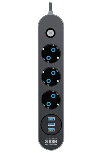 Holly 3'lü Soket 2 metre 2'li USB Kablolu Çiftli Akım Korumalı Priz