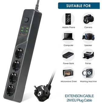 Coverzone Bkl-03 4'lü Soket 2 metre 4'lü USB Kablolu Çiftli Akım Korumalı Priz