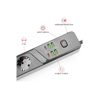 Coverzone Bkl-03 4'lü Soket 2 metre 4'lü USB Kablolu Çiftli Akım Korumalı Priz
