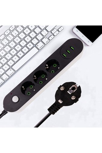 En Si̇ga 3'lü Soket 2 metre 3'lü USB Kablolu Çiftli Akım Korumalı Priz