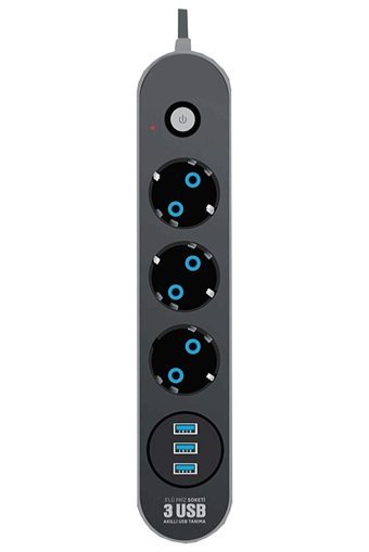 En Si̇ga 3'lü Soket 2 metre 3'lü USB Kablolu Çiftli Akım Korumalı Priz