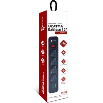 Fulltech Ftr-04 3'lü Soket 2 metre 3'lü USB Kablolu Tekli Akım Korumalı Priz