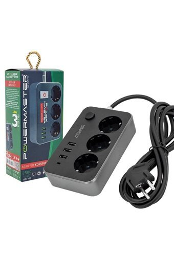 Powermaster Pm-17564 3'lü Soket 1.8 metre 3'lü USB Kablolu Tekli Akım Korumalı Priz