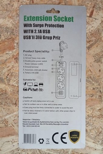 Rutter Fra-104U 3'lü Soket 1.5 metre 2'li USB Kablolu Çiftli Akım Korumalı Priz