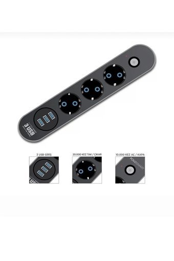 Enshall Est-2500 3'lü Soket 2 metre 3'lü USB Kablolu Çiftli Akım Korumalı Priz