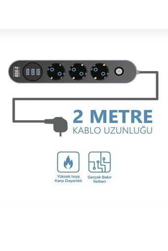 Enshall Est-2500 3'lü Soket 2 metre 3'lü USB Kablolu Çiftli Akım Korumalı Priz