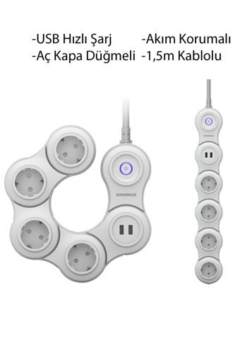Sonorous Sp-05 Flex 5'li Soket 1.5 metre 2'li USB Kablolu Tekli 175 J Akım Korumalı Priz