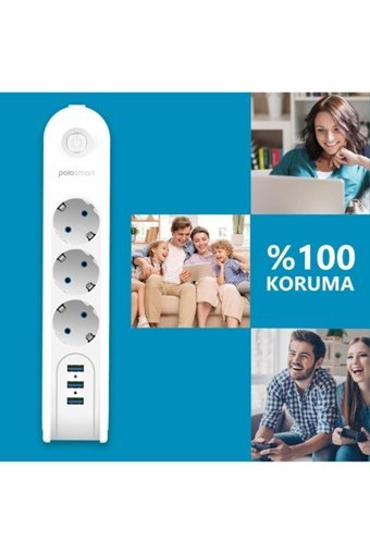 Polosmart Mp09 3'lü Soket 2 metre 3'lü USB Kablosuz Tekli 2500 J Akım Korumalı Priz