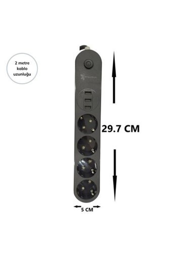 Myglobal P9649S729 4'lü Soket 2 metre 3'lü USB Kablolu Çiftli Akım Korumalı Priz
