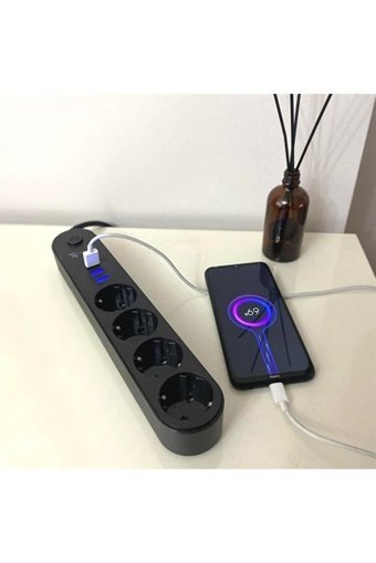 Myglobal P9649S729 4'lü Soket 2 metre 3'lü USB Kablolu Çiftli Akım Korumalı Priz