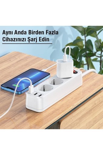 Hoco Ns2 3'lü Soket 1.8 metre 3'lü USB Kablolu Tekli Akım Korumalı Priz