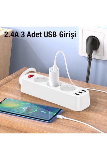 Hoco Ns2 3'lü Soket 1.8 metre 3'lü USB Kablolu Tekli Akım Korumalı Priz