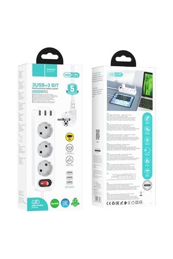 Hoco Ns2 3'lü Soket 1.8 metre 3'lü USB Kablolu Tekli Akım Korumalı Priz